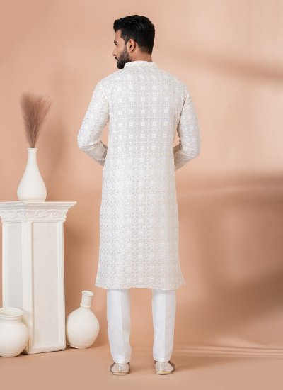 Georgette Sequins Kurta Pyjama in White