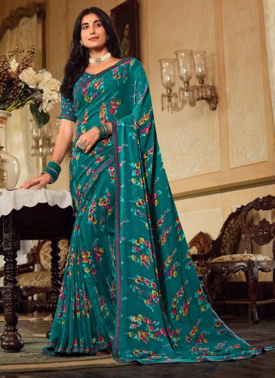 Georgette Teal Printed Contemporary Saree