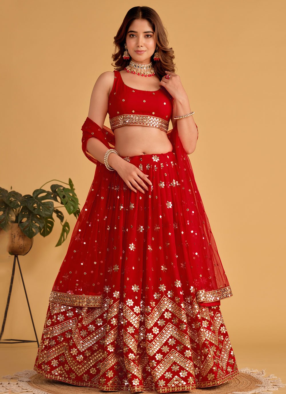 Georgette Trendy Lehenga Choli in Red Lehenga Choli