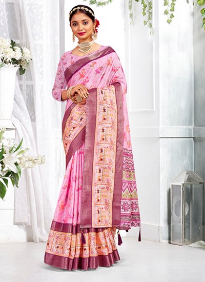 Giccha Silk Digital Print Pink Saree