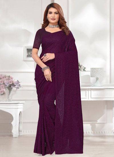 Gilded Embroidered Georgette Wine Trendy Saree