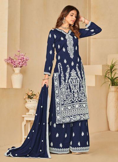 Girlish Art Silk Navy Blue Trendy Salwar Kameez