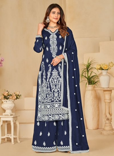 Girlish Art Silk Navy Blue Trendy Salwar Kameez