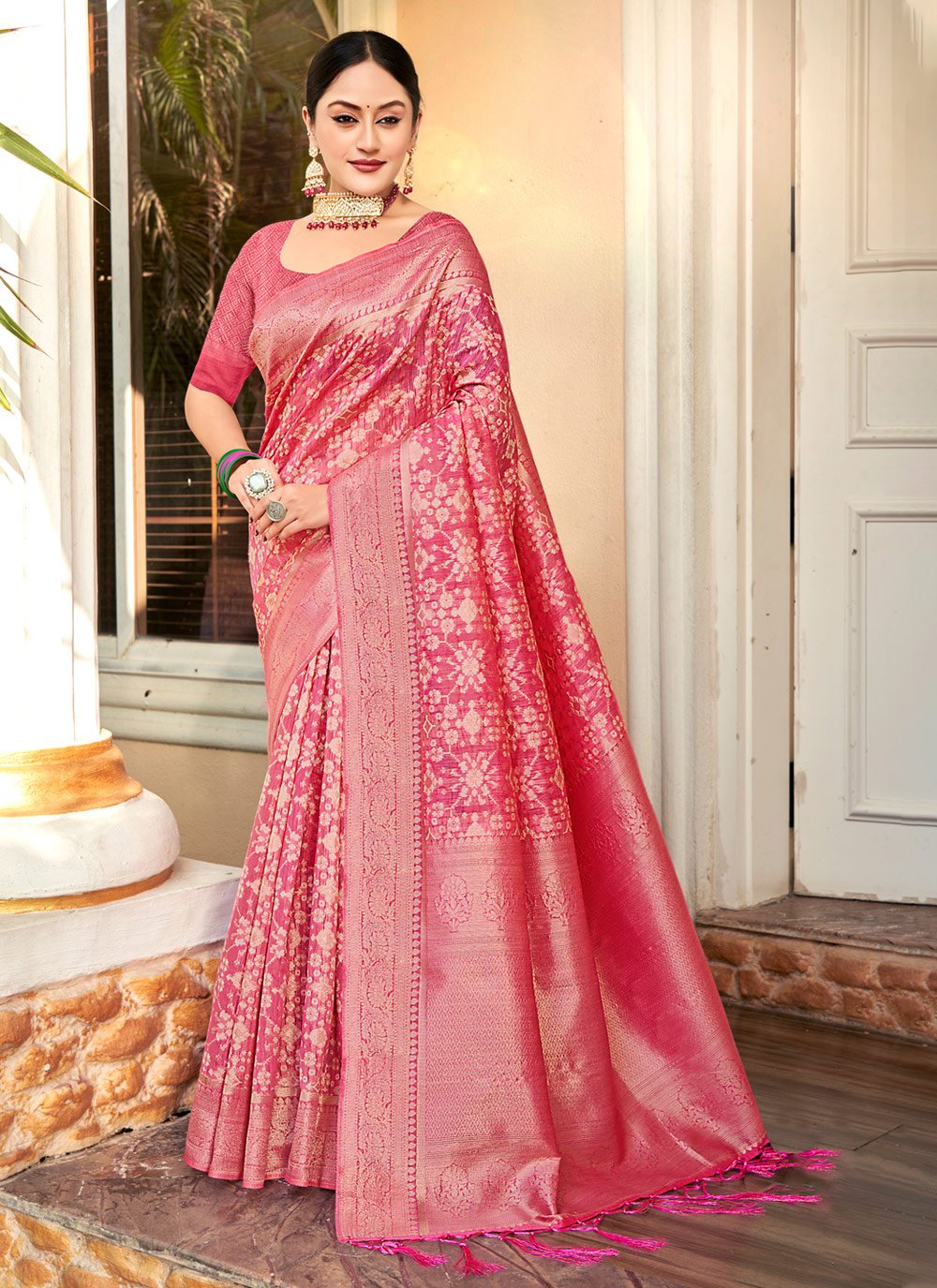 Green and Hot Pink Embroidered Trendy Saree