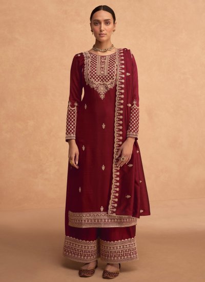 Maroon Color Georgette Fabric Tempting Embroidered Palazzo Suit
