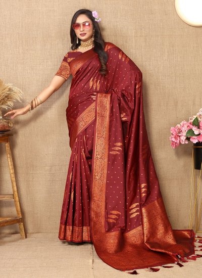 Girlish Maroon Weaving Silk Classic Saree
