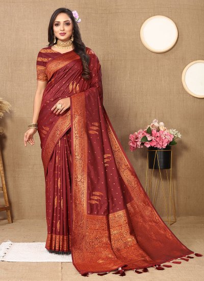 Girlish Maroon Weaving Silk Classic Saree