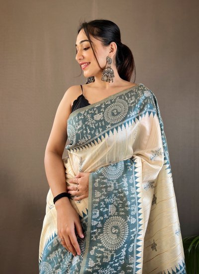 Girlish Printed Tussar Silk Teal Classic Saree