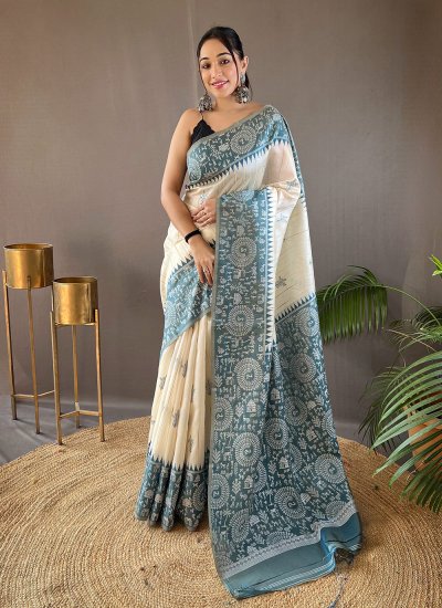 Girlish Printed Tussar Silk Teal Classic Saree