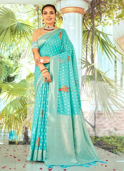Glamorous Aqua Blue Printed Designer Traditional Saree