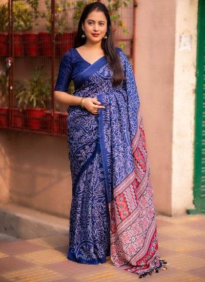 Gleaming Blue Silk Blend Trendy Saree