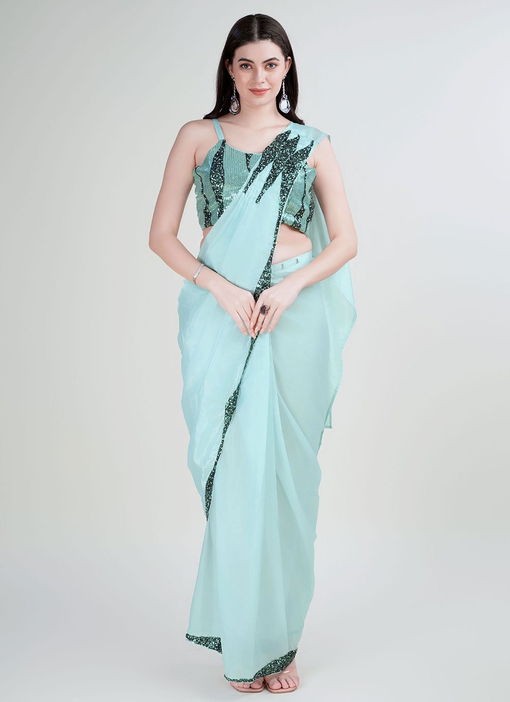 Plain Satin Saree in Sea Green : SPL225