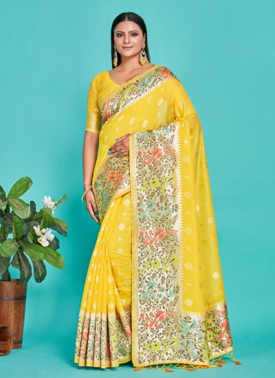 Glitzy Yellow Weaving Banarasi Silk Contemporary Saree