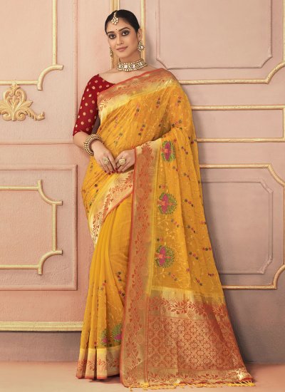 Glorious Stone Yellow Silk Trendy Saree