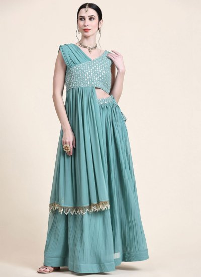 Glossy Georgette Turquoise Embroidered Readymade Lehenga Choli