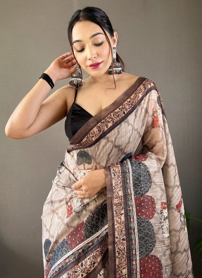 Glossy Printed Tussar Silk Grey Trendy Saree