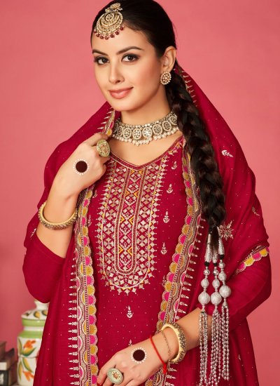 Glowing Embroidered Red Vichitra Silk Designer Salwar Kameez
