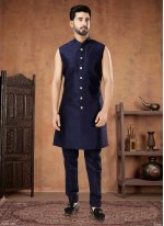 Gold and Navy Blue Jacquard Embroidered Indo Western