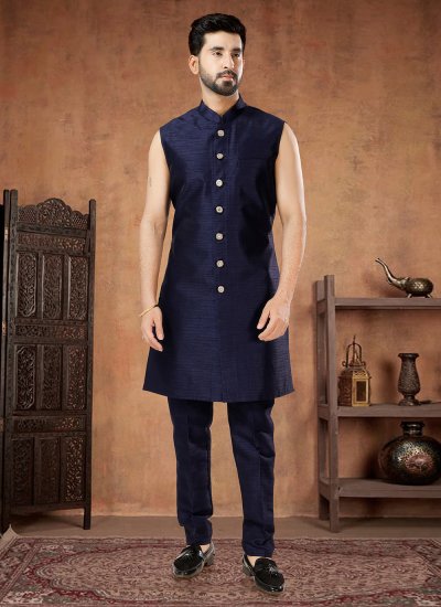 Gold and Navy Blue Jacquard Embroidered Indo Western