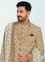 Gold Machine Embroidery  Silk Indo Western Sherwani