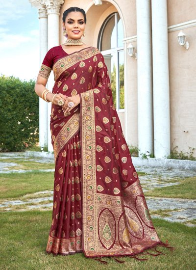 Banarasi Semi Silk Saree With Multicoloured Jaal Zari Weaving-Maroon –  Banarasikargha