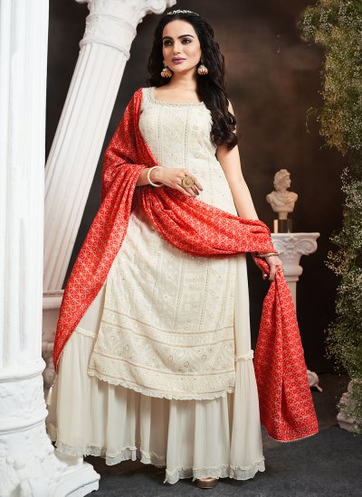 Graceful Embroidered White Georgette Trendy Salwar Suit