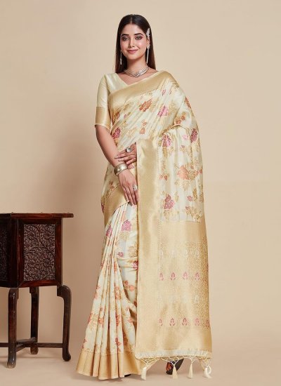 Graceful Kanjivaram Silk Weaving Cream Designer Saree
