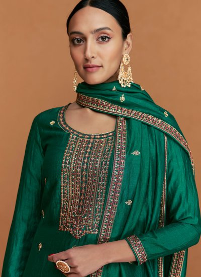 Graceful Silk Embroidered Green Salwar Kameez