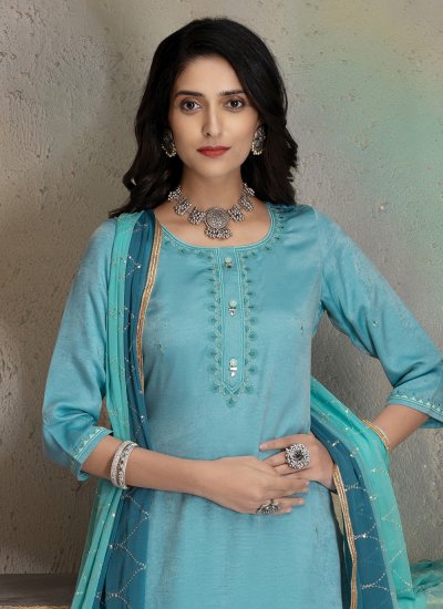Graceful Turquoise Embroidered Silk Trendy Salwar Suit