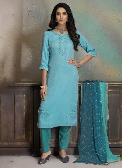 Graceful Turquoise Embroidered Silk Trendy Salwar Suit