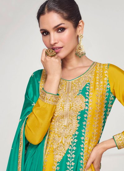 Green and Mustard Chinon Embroidered Designer Salwar Suit