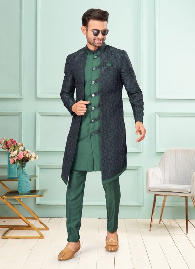 Green and Navy Blue Party Brocade Indo Western