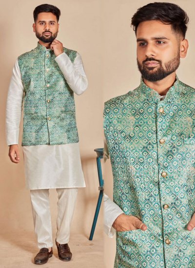 Green and Off White Color Kurta Payjama With Jacket