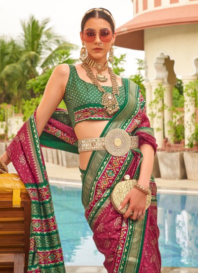 Green and Pink Patola Silk  Festival Classic Saree