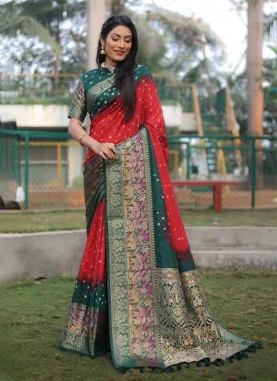 Green and Red Party Kanjivaram Silk Trendy Saree