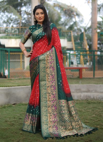 Green and Red Party Kanjivaram Silk Trendy Saree