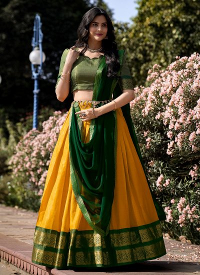 Green and Yellow Festival Kanchipuram Silk Trendy Lehenga Choli