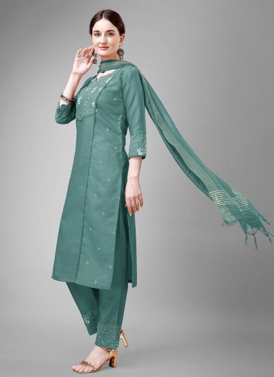Green Blended Cotton Embroidered Readymade Salwar Kameez