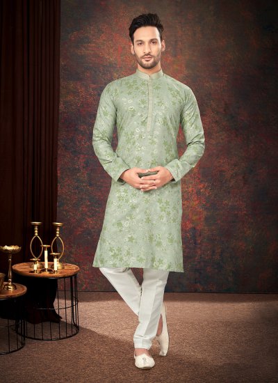 Green Cotton Printed Kurta Pyjama