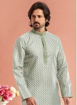 Green Cotton Thread Work Kurta Pyjama