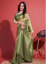 Green Digital Print Silk Classic Saree