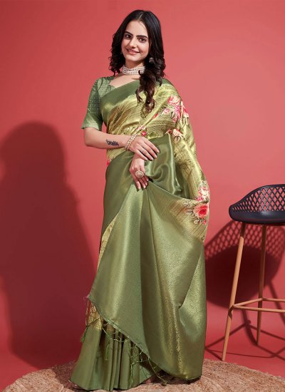 Green Digital Print Silk Classic Saree
