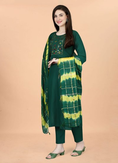 Green Embroidered Blended Cotton Readymade Salwar Suit