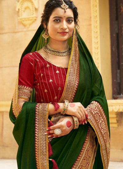 Green Embroidered Ceremonial Contemporary Saree