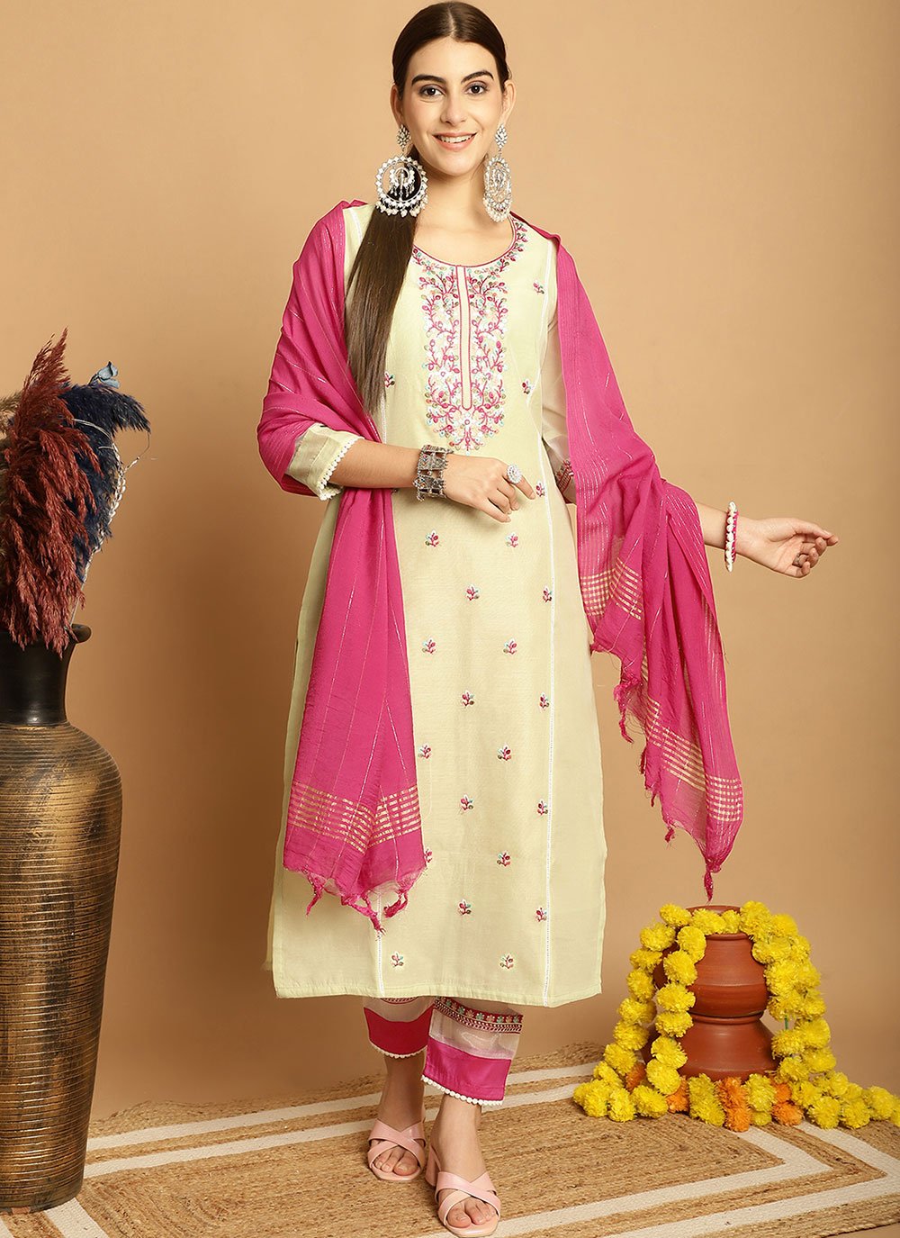 Beautiful Chanderi Kurti Pant and Dupatta Set Women Digital Printed Salwar  Suit | eBay