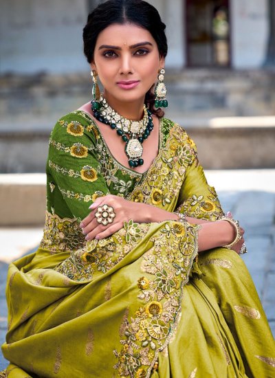 Green Embroidered Fancy Fabric Classic Saree