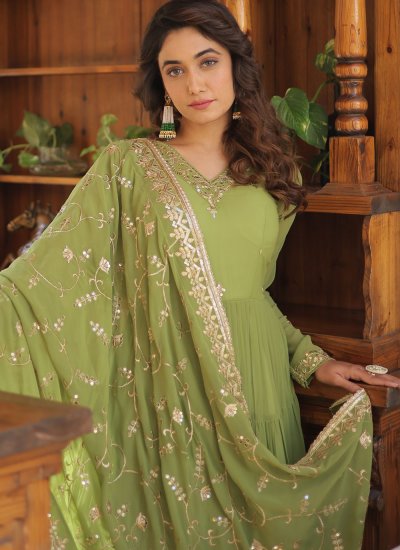 Green Embroidered Faux Georgette Trendy Gown
