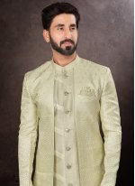 Green Embroidered Jacquard Indo Western