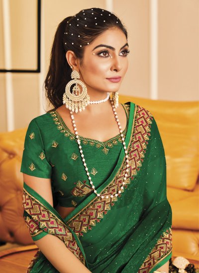 Green Embroidered Shimmer Designer Traditional Saree