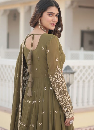 Green Faux Georgette Embroidered Gown 